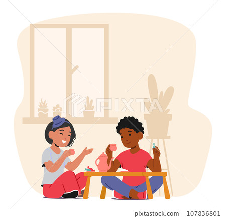 Girl And Boy Gather For A Charming Tea Party, Sipping Tea, Sharing Giggles, And Making Cherished Childhood Memories Girl And Boy Gather For A Charming Tea Party, Sipping Tea, Sharing Giggles, And Making Cherished Childhood Memories 107836801