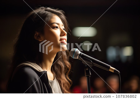 Empowering Graduation Speech Young Woman's Candid First-Time Public Speaking Event. created with Generative AI 107836802