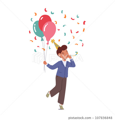 Little Boy Gleefully Celebrates Birthday Party, Blowing Pipe with Balloons Bunch in Hand, Creating A Joyful Atmosphere 107836848