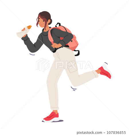 Busy Student Girl, Backpack Slung, Takes Quick Bites From A Snack While Rushing To Class. Multitasking On The Go 107836855