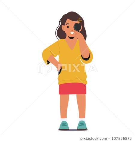 Little Girl Character Holding Special Shield Is Having Her Left Eye Examined During A Vision Checkup Vector Illustration 107836873