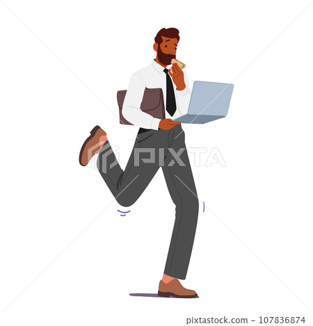 Multitasking Businessman Character with Laptop In Hand Dines On The Move, Cartoon People Vector Illustration 107836874