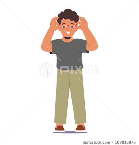 Young Boy Eagerly Dons His New Glasses, Eyes Wide With Wonder. As The World Comes Into Sharp Focus, Vector Illustration 107836876