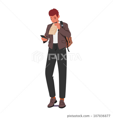 Hurried Student Boy With Backpack Hastily Munching Fast Food, While Reading Message. Character Rushes 107836877