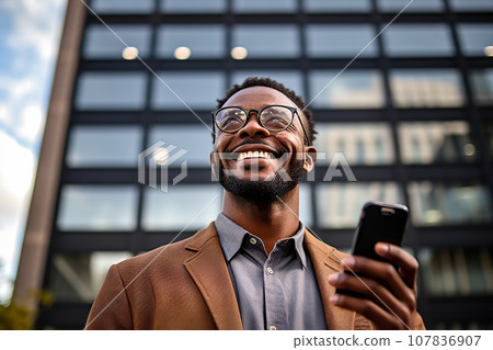 Confident African American Businessman Standing Tall in Front of Corporate Building, Exuding Business Acumen and Empowerment. created with Generative AI 107836907