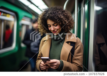 Candid Shot of a Woman Engrossed in Smartphone Work During Subway Journey. created with Generative AI Candid Shot of a Woman Engrossed in Smartphone Work During Subway Journey. created with Generative AI 107837026