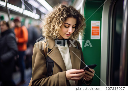 Candid Shot of a Woman Engrossed in Smartphone Work During Subway Journey. created with Generative AI Candid Shot of a Woman Engrossed in Smartphone Work During Subway Journey. created with Generative AI 107837027