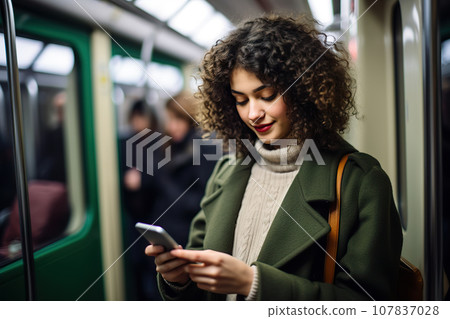 Candid Shot of a Woman Engrossed in Smartphone Work During Subway Journey. created with Generative AI Candid Shot of a Woman Engrossed in Smartphone Work During Subway Journey. created with Generative AI 107837028
