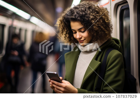 Candid Shot of a Woman Engrossed in Smartphone Work During Subway Journey. created with Generative AI Candid Shot of a Woman Engrossed in Smartphone Work During Subway Journey. created with Generative AI 107837029
