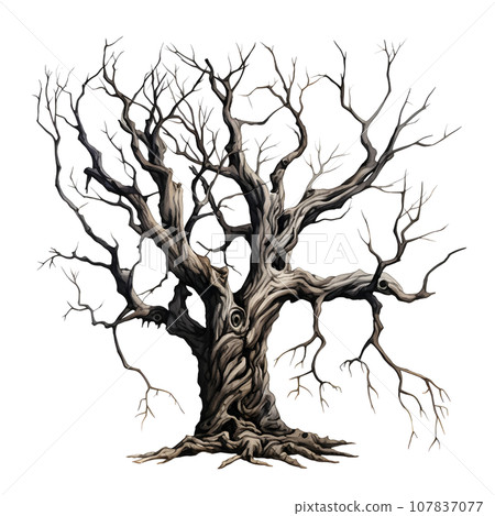 Scary dead withered tree watercolor illustration PNG 107837077
