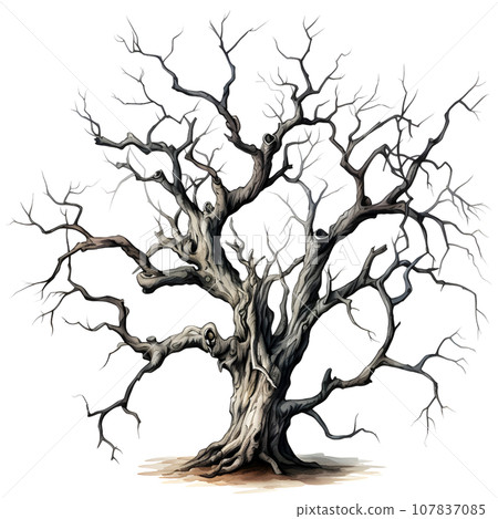 Scary dead withered tree watercolor illustration PNG 107837085