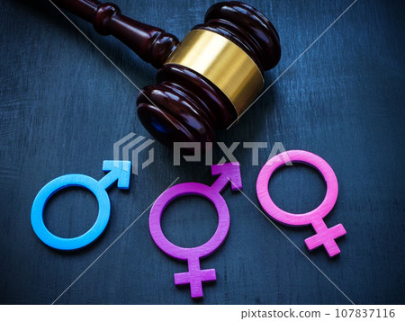 Gender symbols and gavel as symbol of legislation and equality laws. 107837116