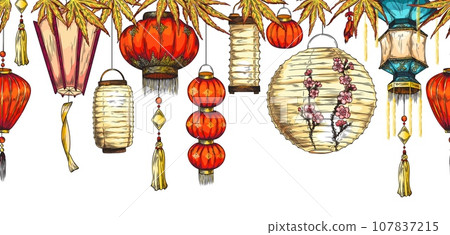 Japanese paper lanterns seamless border sketch vector illustration isolated. 107837215