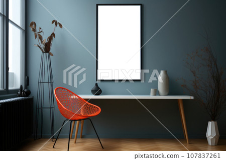 Mockup of a painting or poster on a blue wall in a modern living room 107837261