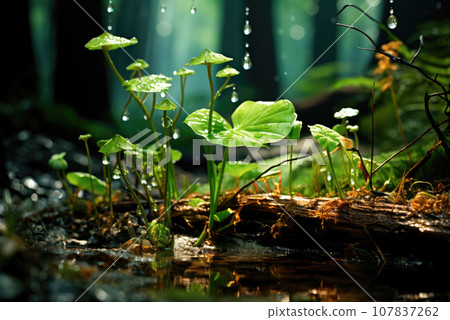 It's raining in the forest, drops on the foliage It's raining in the forest, drops on the foliage 107837262
