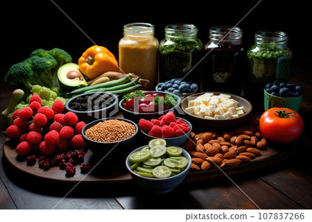 Lots of different vegan food on the table 107837266