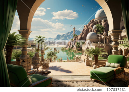 View from the Arab house with green furniture to the mountains and the lake. Holiday card for the National Day of Saudi Arabia 107837281