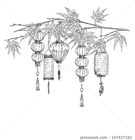 Engraved Asian lanterns with tassels on japanese maple branch, vector hand drawn different shapes of paper lamp 107837282
