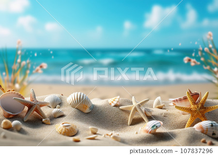 Tropical Beach Mockup with Seashells and Starfish on Seaside Sands, Capturing the Essence of a Relaxing Summer Vacation Getaway by the Sea. created with Generative AI 107837296
