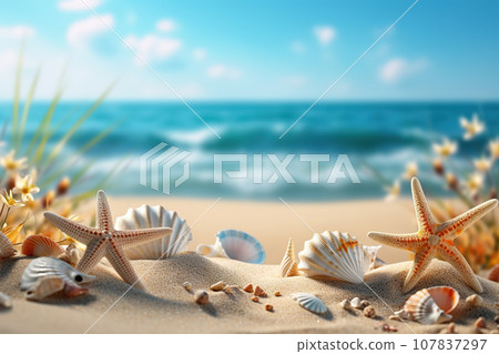 Tropical Beach Mockup with Seashells and Starfish on Seaside Sands, Capturing the Essence of a Relaxing Summer Vacation Getaway by the Sea. created with Generative AI 107837297