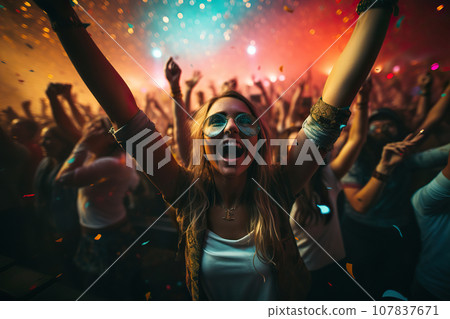 Euphoric Music Festival Joyful Crowd Celebrating Under Fireworks at Open Air Concert. created with Generative AI 107837671