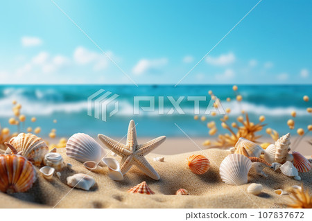 Tropical Beach Mockup with Seashells and Starfish on Seaside Sands, Capturing the Essence of a Relaxing Summer Vacation Getaway by the Sea. created with Generative AI 107837672