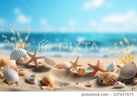 Tropical Beach Mockup with Seashells and Starfish on Seaside Sands, Capturing the Essence of a Relaxing Summer Vacation Getaway by the Sea. created with Generative AI 107837673