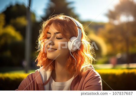 Blissful Young Woman Finding Relaxation and Happiness with Music or Podcasts in the Park. created with Generative AI 107837687