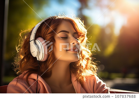 Blissful Young Woman Finding Relaxation and Happiness with Music or Podcasts in the Park. created with Generative AI 107837688