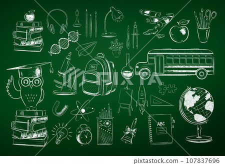 Education and science items on green chalkboard Education and science items on green chalkboard 107837696