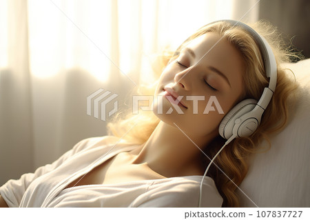 Blissful Moments Woman Relaxing with Music, Finding Tranquility and Inner Harmony Through the Joy of Sound. created with Generative AI 107837727