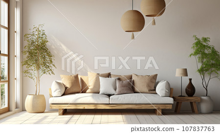 Rustic Interior Design of Modern Living Room with Beige Fabric Sofa, Cushions, and Inviting Space for Text. created with Generative AI Rustic Interior Design of Modern Living Room with Beige Fabric Sofa, Cushions, and Inviting Space for Text. created with Generative AI 107837763