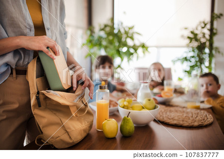 Mother packing school snacks for her children into school bag. Snack, school lunch in a snack box for school. Mother packing school snacks for her children into school bag. Snack, school lunch in a snack box for school. 107837777
