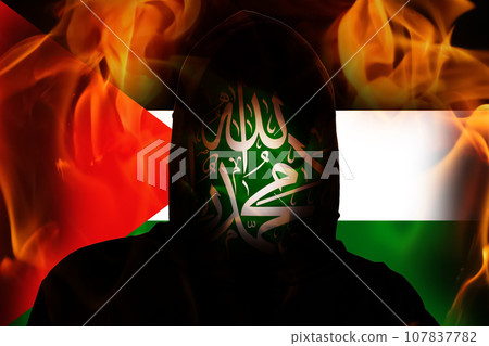 Incognito terrorist on the Flag Palestine fire background. Hamas between Israel and Palestine. Israel Palestine war. World crisis in Middle East. Rebellion. Rebel militant terrorist guerrilla concept 107837782