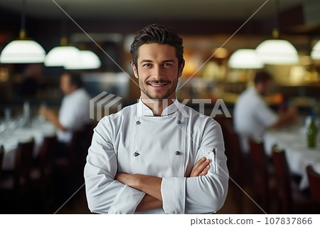 Italian American Chef in Action with Restaurant Ambiance and Guests Dining in the Background. created with Generative AI 107837866