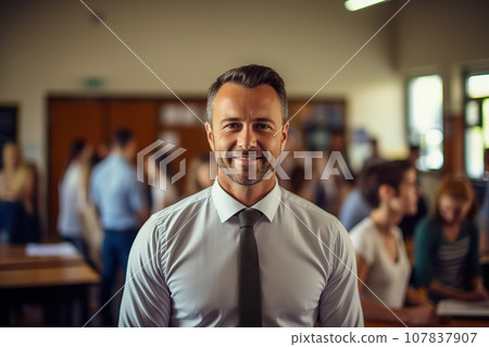 Portrait of Handsome American School Teacher in Classroom with Engaged Students, Blurred Classroom Background. created with Generative AI 107837907