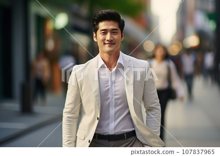 Smiling Young Asian Businessman in White Suit Striding to Office in Busy Cityscape. created with Generative AI Smiling Young Asian Businessman in White Suit Striding to Office in Busy Cityscape. created with Generative AI 107837965