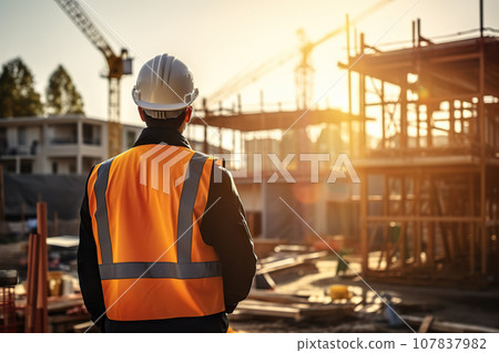 Construction Engineer Overseeing House Construction, Helmeted and Safety Vest-Clad, Architect at Work, Blurred Background. created with Generative AI 107837982