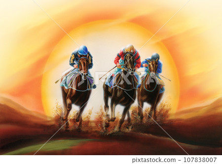 a horse race at dusk a horse race at dusk 107838007