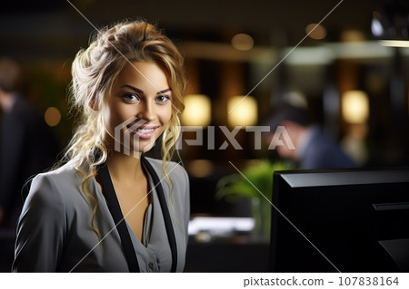 Portrait of a Beautiful Young Blonde Woman as the Receptionist at Work at the reception desk table a Business Office. created with Generative AI Portrait of a Beautiful Young Blonde Woman as the Receptionist at Work at the reception desk table a Business Office. created with Generative AI 107838164