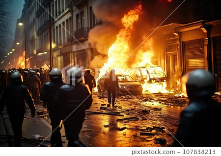 Gritty of Intense Urban Protests, Riotous Flames, and Police Action Captured in Broad Daylight created with Generative AI Gritty of Intense Urban Protests, Riotous Flames, and Police Action Captured in Broad Daylight created with Generative AI 107838213
