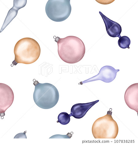 Christmas seamless pattern with Christmas ornaments, ball digital illustration isolated on white. Holiday symbol, decoration hand drawn. Element for new year design wrapping, textile, background Christmas seamless pattern with Christmas ornaments, ball digital illustration isolated on white. Holiday symbol, decoration hand drawn. Element for new year design wrapping, textile, background 107838285