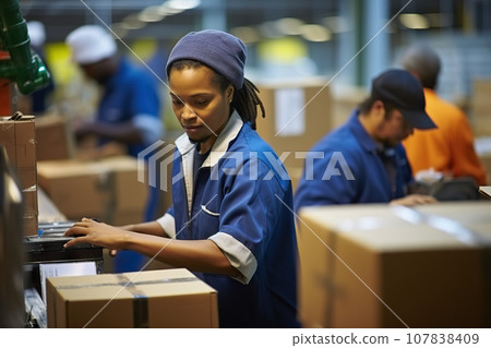 Efficient Delivery Team Candid Shot of Warehouse Workers Sorting Packages in a Bustling Post Delivery Service Center. created with Generative AI 107838409