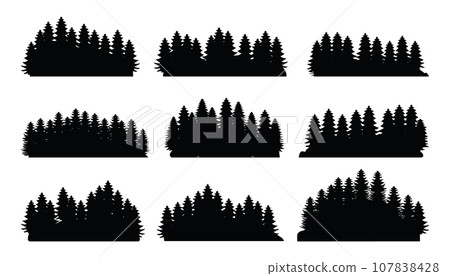 Silhouettes of pine trees lined up. Vector illustration of pine tree silhouettes. Silhouettes of pine trees lined up. Vector illustration of pine tree silhouettes. 107838428