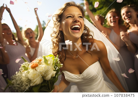 Bouquet of Love Bride Playfully Tosses Flower Bouquet to Joyful, Unmarried Women, Creating Laughter and Candid Moments. created with Generative AI 107838475