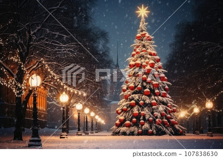 large illuminated christmas tree in the city at night large illuminated christmas tree in the city at night 107838630