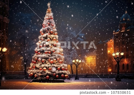 large illuminated christmas tree in the city at night large illuminated christmas tree in the city at night 107838631