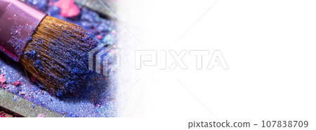 Banner with makeup brushes and eye shadow. Place for text. Copy space. Beauty concept. Advertising for your blog. Cosmetic brushes. 107838709
