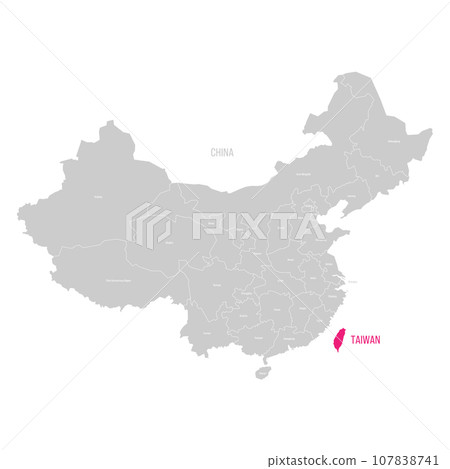 Political map of Taiwan and China. Both countries with administrative divisions in different colors. Vector map with labels. 107838741