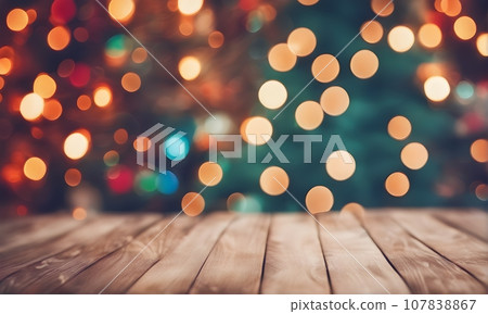 Empty wooden table, blurred Christmas background Empty wooden table, blurred Christmas background 107838867